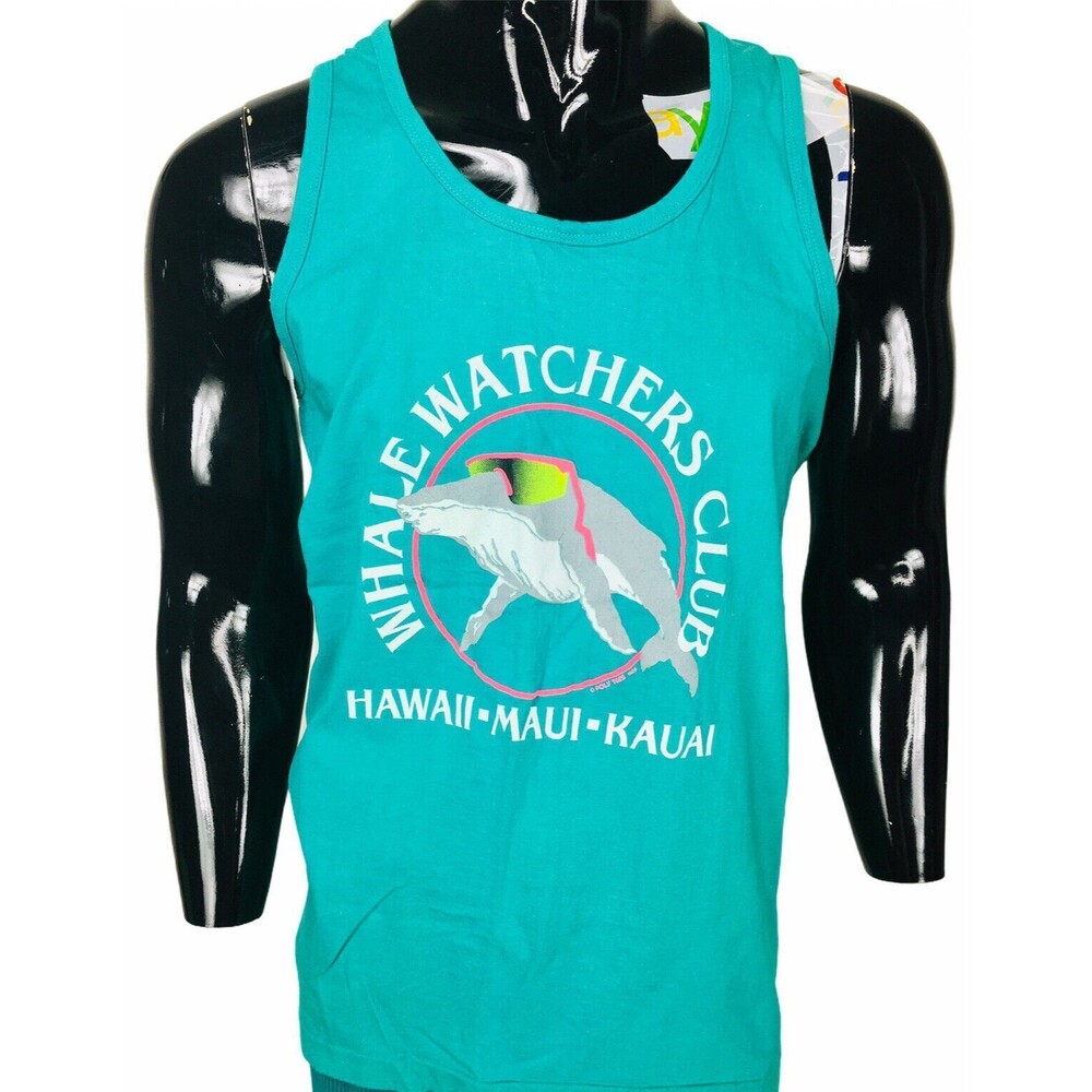 Vintage 80s Hawaii Maui Kauai Teal Whale Watchers Surf Beach Poly Tees Tank NEW